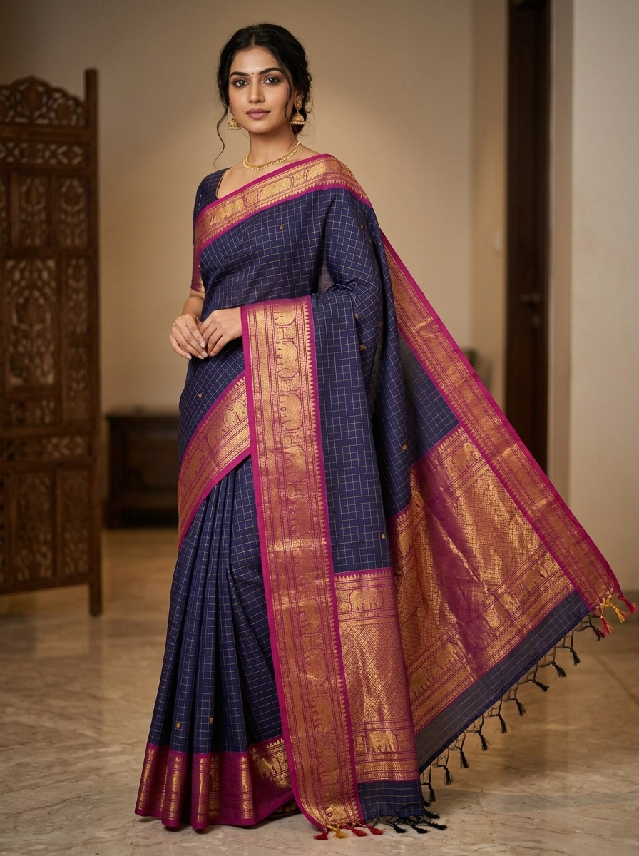 Blue body with a micro-check pattern Gadwal Cotton Silk Saree